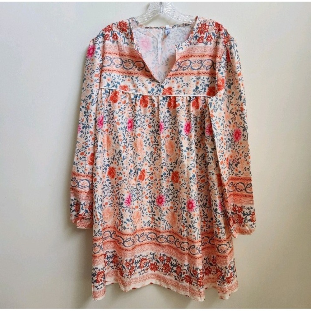 Misslook Dress Women M Ivory Coral Teal Floral Lightweight Cottagecore READ